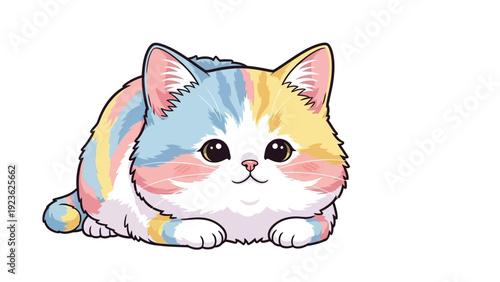 Digital illustration of a cute, pastel-colored cat with a white face and paws, lying down on a plain white background.