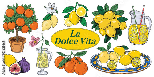 Dolce Vita Mediterranean Lifestyle Set, Whimsical and Detailed Collection of Colorful Elements with Textured Outlines in Sketchy Hand-Drawn Style for Summer Branding and Packaging