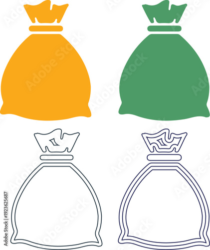 Money Bag Icon Set – Flat and Line Art Sack Symbol Collection