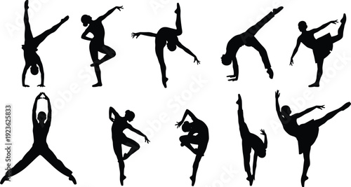 Dynamic dancer silhouette collection, modern ballet and contemporary dance poses isolated on white background