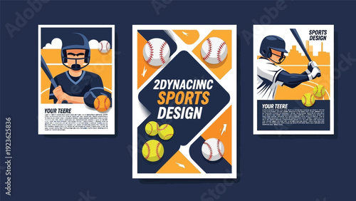 Graphic design templates for sports with illustrations of baseball players and equipment on a dark blue background with a cinematic feel.