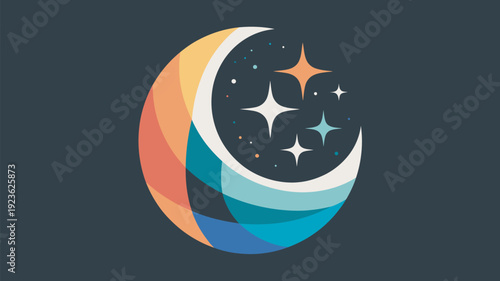 A modern, vibrant logo features a crescent moon composed of colorful, flowing abstract segments, accompanied by shining stars on a dark background.