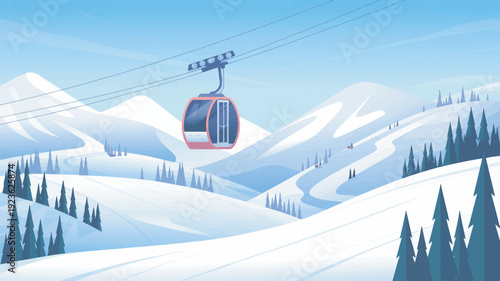 A red cable car travels through a snowy mountain landscape with pine trees and a clear blue sky.
