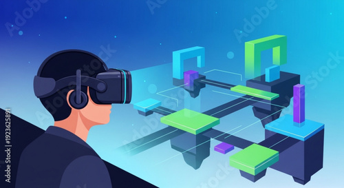 Man wearing vr headset exploring virtual reality world with colorful 3d blocks and futuristic interface