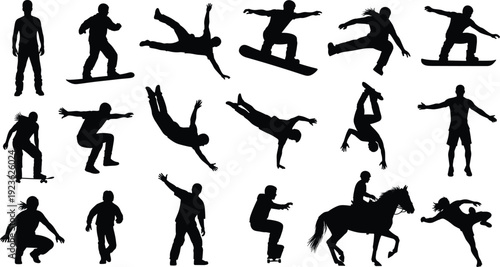 Extreme sports silhouette set skateboard snowboard parkour horse riding isolated vector