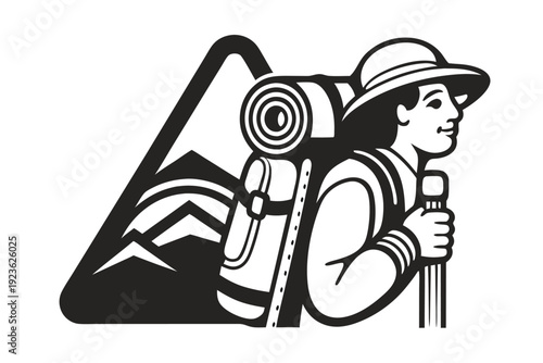 Silhouette person with backpack and hat holds stick between trees in nature