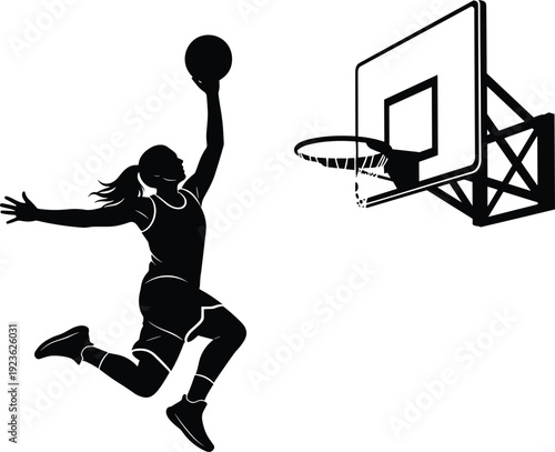 Female basketball player dunk silhouette, dynamic sports action isolated on white background
