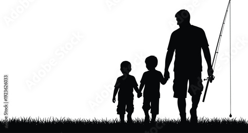 Father and sons fishing silhouette walking on grass isolated on white background