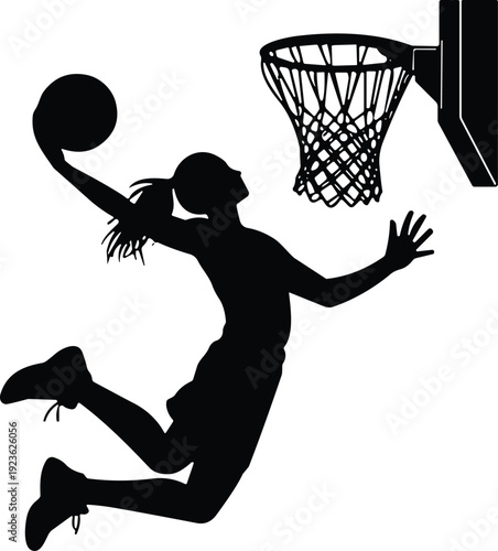 Female basketball player dunking silhouette, dynamic sports action isolated on white background