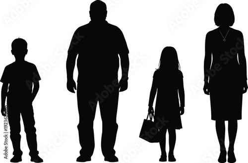Family silhouettes showing different body sizes and ages, people comparison concept representing lifestyle, growth and diversity
