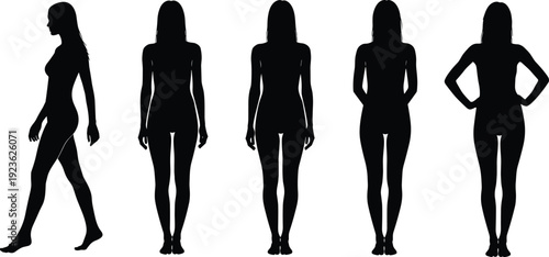 Female body silhouettes set, woman standing poses showing anatomy, fitness, beauty and minimal modern design