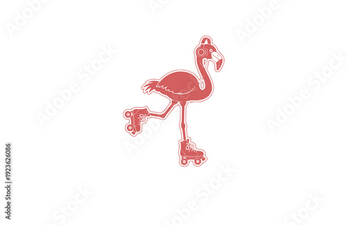 Funny Flamingo on Roller Skates with Headphones Sticker Silhouette. Absurdist Surreal Silliness and Playful Animal Vector.