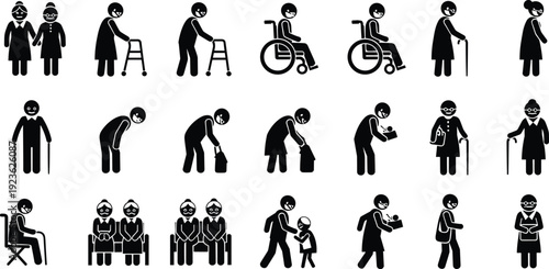 Elderly people icons set, senior citizens activities collection, black silhouette pictogram healthcare aging concept illustration isolated on white