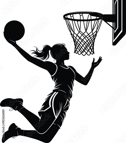 Female basketball player silhouette dunking ball, dynamic sports action isolated on white background