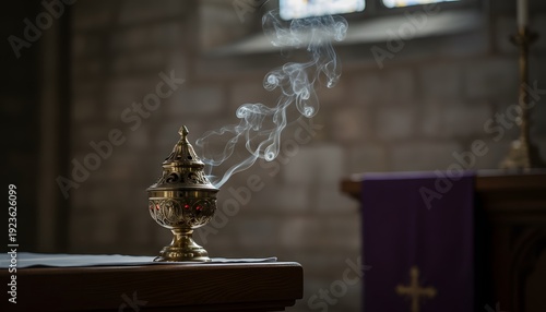 Ornate golden incense burner releasing aromatic smoke in a solemn church, central to the spiritual Ash Wednesday worship ritual concept