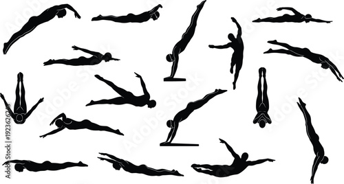 Gymnast silhouette collection performing floor and vault exercises isolated on white background