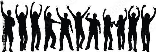 Group of dancing people silhouettes, energetic crowd celebrating music, freedom, party lifestyle and togetherness concept