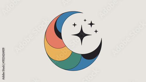 A stylish logo depicts a crescent moon formed by gracefully curving colorful segments, complemented by distinct dark stars, set against a light background.