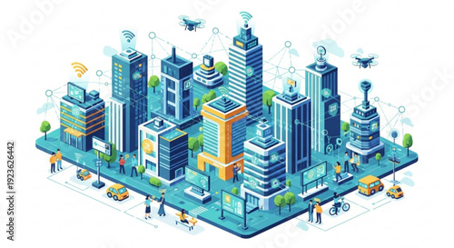 Futuristic cityscape with sleek skyscrapers flying drones and busy streets showcasing modern urban life and technology integration