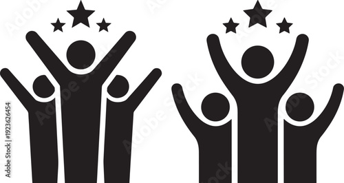 Successful team celebrating victory with raised arms and stars, concept of achievement and recognition, graphic icons