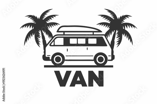 Silhouette showcases a van accompanied by a pair of palm trees and bold centered lettering