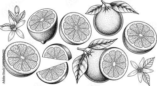 Hand drawn citrus fruits set, lemon orange slices with leaves, vintage botanical engraving illustration isolated on white background