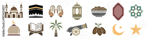 Modern Islamic Ramadan and Eid Symbols Set Design on White Background, Vector illustration