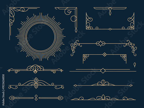 art deco ornament collection featuring luxury geometric lines, vintage vector graphic set with elegant symmetrical patterns, gold design elements for ornate projects.