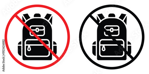 No backpacks allowed sign. Prohibited rucksack symbols in red and black circles for security, safety, and restricted areas.