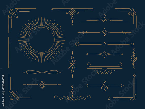 art deco ornament collection featuring luxury geometric lines, vintage vector graphic set with elegant symmetrical patterns, gold design elements for ornate projects.