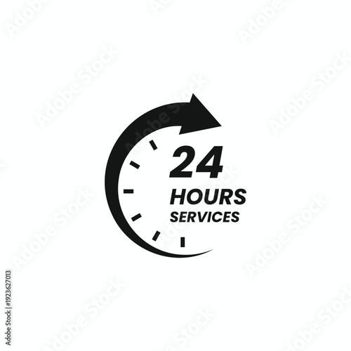Black 24 hours service icon with clock face and circular arrow for 24/7 business support, delivery, and full-time assistance