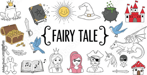 Fairy Tale Hand Drawn Illustration Set with Princess, Dragon, Castle, Magic Book and Fantasy Story Elements Vector Collection