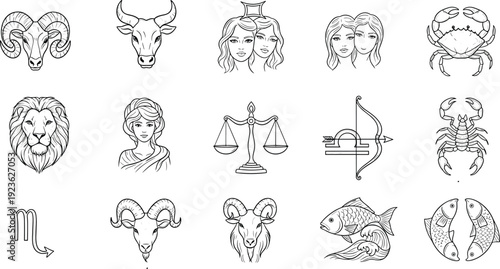 Zodiac astrology symbols collection, horoscope star signs icons set, black line art illustration isolated, mystical celestial design elements
