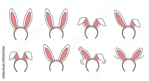 A collection of eight bunny ear headbands in minimalist outline vector style, ideal for festive celebrations and costume parties
