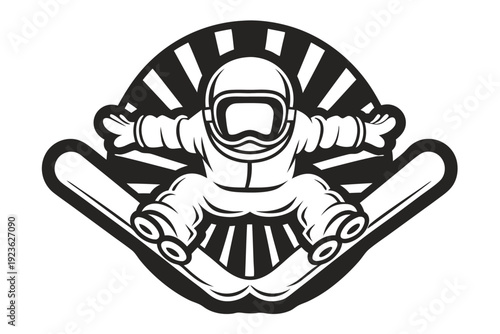 Silhouette shows athlete snowboarding with speed and power in a dynamic monochrome design