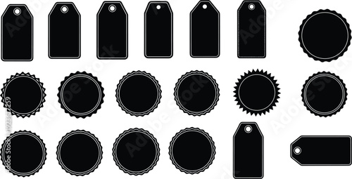 Price tags and badges silhouettes collection label sticker shapes cad drawing flat vector illustration isolated black set