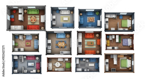 Collection of various apartment floor plans with different interior designs and layouts.