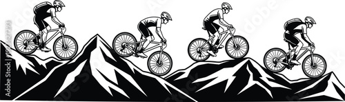 Mountain bike cyclist silhouette vector set riding on rocky mountain peaks isolated on white background for outdoor extreme sports design