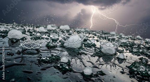 Hail Storm with Lightning in Dark Cloudy Sky