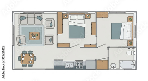 Detailed floor plan of a modern residential house with multiple rooms and furniture.