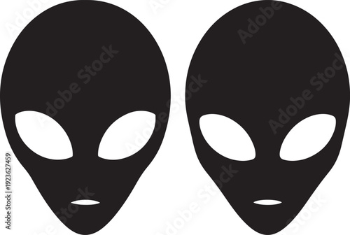 Two black alien heads with large eyes and simple mouths on a white background. Sci-fi, extraterrestrial, mystery, invasion, UFO concept