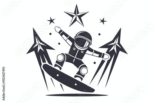 Silhouette shows snowboarder among pines and snowfall in a monochromatic style