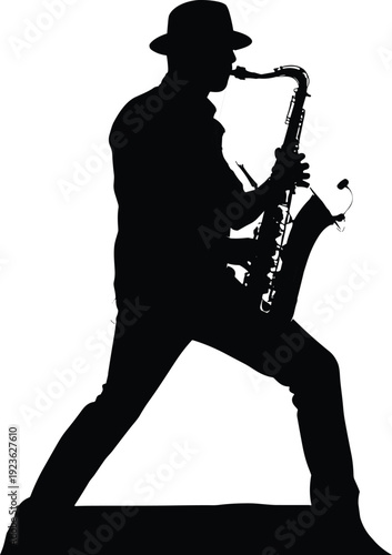 saxophone player silhouette jazz musician performance music vector illustration black isolated concert design