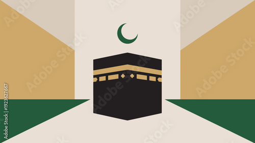 A modern geometric illustration prominently displays the Kaaba with a golden band and a green crescent moon, framed by abstract beige, gold, and green shapes.