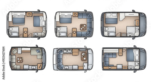 Detailed overhead view of various RV floor plans showcasing interior layouts.