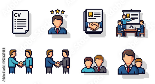 A collection of business icons depicting resume, handshake, meetings, and teamwork in flat modern vector style, ideal for career-related projects