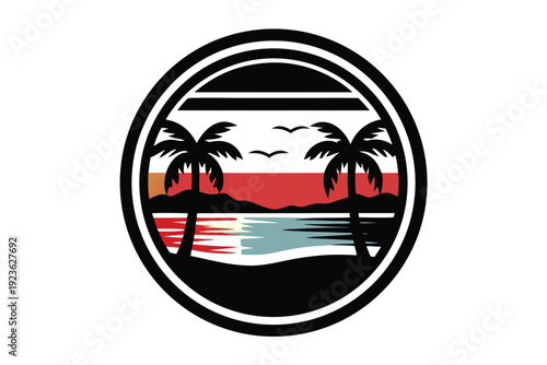 Silhouette shows sunrise landscape with two palm trees and birds within an oval frame