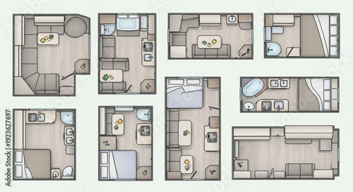 Detailed architectural floor plans showcasing various room layouts and designs for residential spaces.