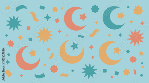 A lively and colorful abstract pattern features numerous crescent moons, stars, and confetti shapes in various hues against a light blue background.