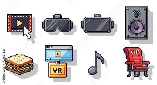 A set of pixel art icons including video play button, VR headset, battery, speaker, sandwich, and VIP chair in modern vector style, suitable for tech and entertainment projects